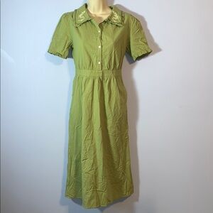 Simple retro pistachio Green Button-Up Midi Dress embroidered collar size small
